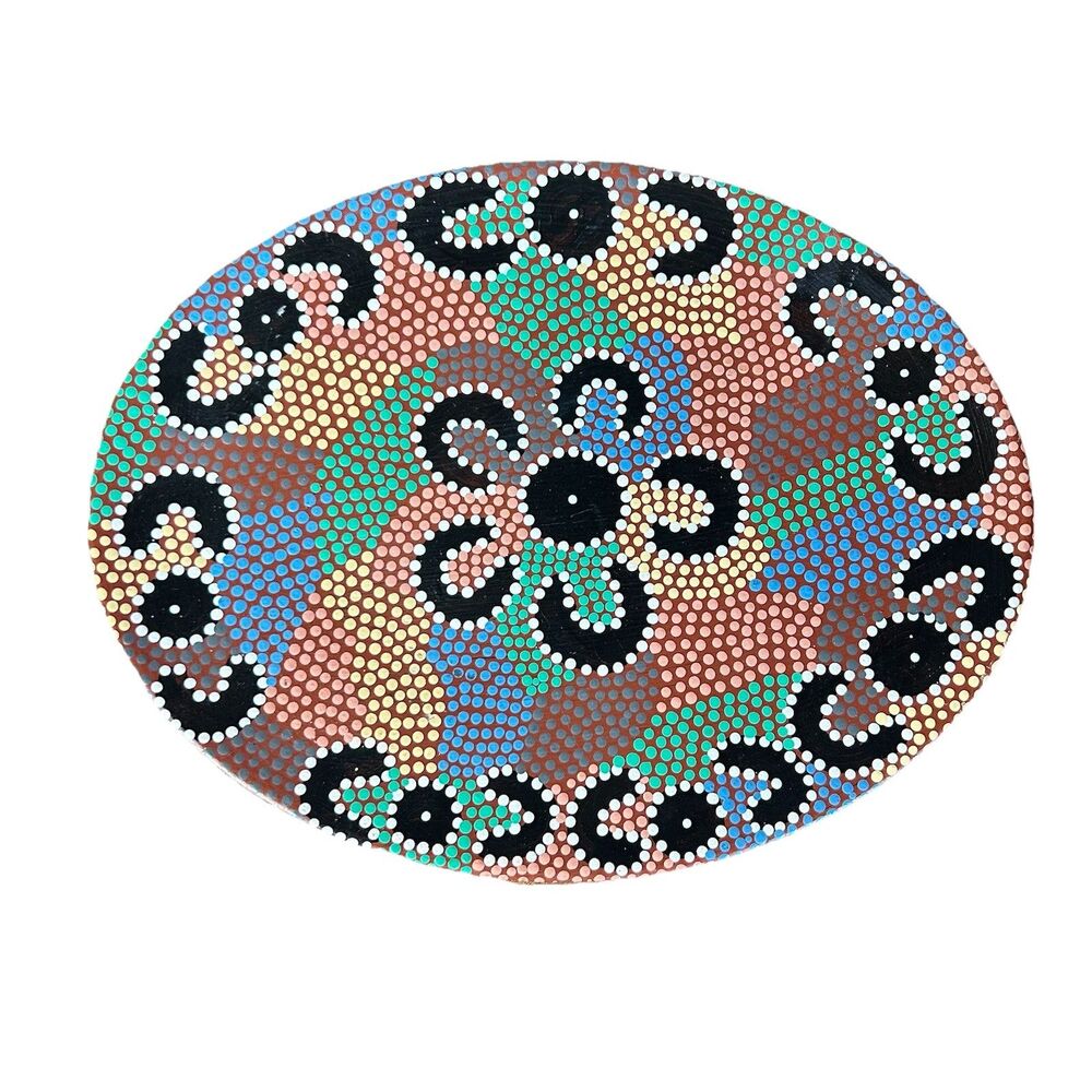 Vintage Australian Aboriginal Dot Art Pottery Oval Platter Tray 11” Hand Painted